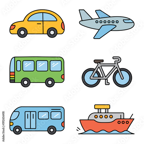 Transportation Array: A colorful array of transportation options: a cheerful yellow car, a sleek airplane soaring through the sky, a friendly green bus, a sturdy bicycle ready for adventure.
