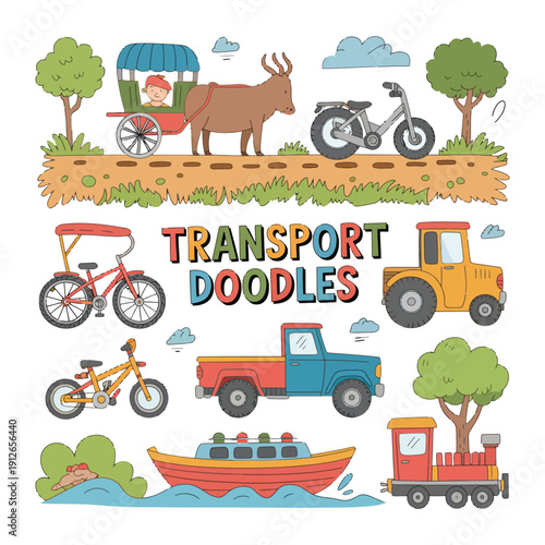 Doodle of Transport: A colorful collection of hand-drawn transport vehicles, representing diverse modes of travel, perfect for educational content, showcasing transport evolution.