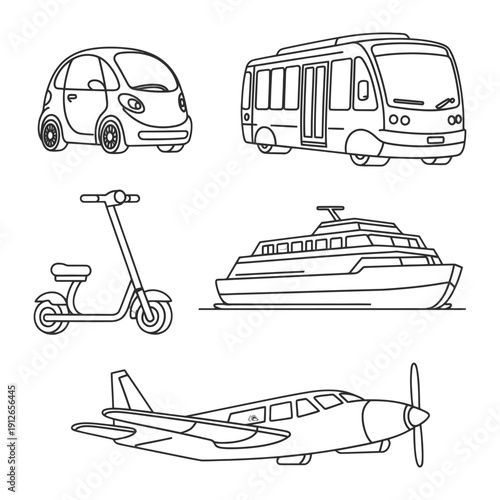 Transportation Array: A comprehensive collection of various vehicles, from automobiles to aircraft, offering diverse modes of movement and transport. 