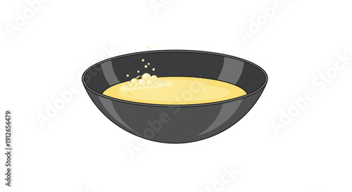 Minimalist vector illustration of a dark bowl holding luminous yellow liquid with subtle frothy elements