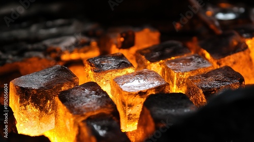 meteorite. Meteorite crystal lattice glowing with thermal energy waves inside an industrial furnace. safety posters.