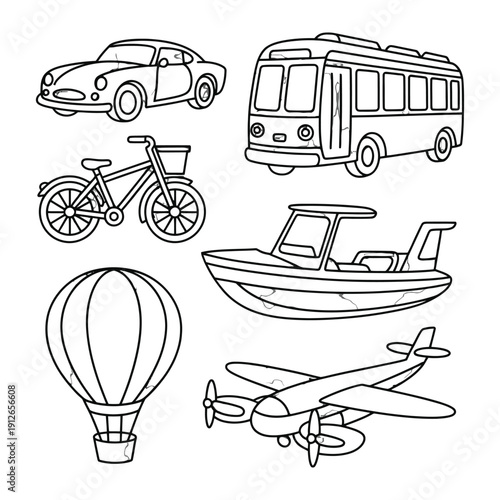Transportation Line Art: A set of six monochrome illustrations showcasing diverse modes of transportation, from a classic car to an airplane. Emphasizing the versatility and dynamism of mobility. 