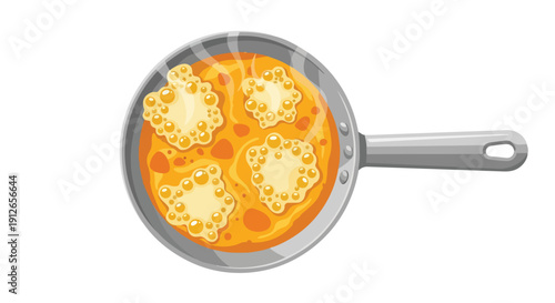 Golden fritters cooking in a sizzling pan with bubbling oil, preparing a delicious crispy snack or meal component, perfect for culinary