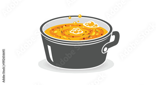 Vibrant vector art: dark cooking pot actively simmering a rich golden liquid. Hearty soup or stew, frothy bubbles symbolize warmth and delicious