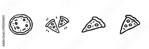 Pizza And Slices Line Icon Set In Doodle Style. Italian Cuisine, Fast Food, And Snack Representation Outline Sketch Collection. Hand Drawn Isolated Vector Illustration