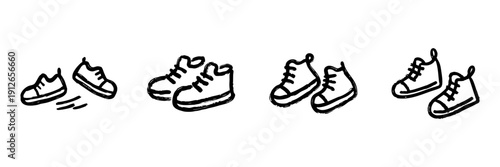 Sneakers And Shoes Line Icon Set In Doodle Style. Footwear Collection For Fashion, Sports, And Casual Wear Outline Sketch. Hand Drawn Isolated Vector Illustration