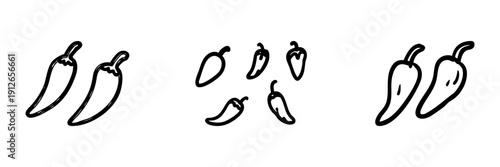 Chili Peppers Line Icon Set In Doodle Style. Spicy Food, Culinary Ingredients, And Flavor Enhancement Outline Sketch Collection. Hand Drawn Isolated Vector Illustration