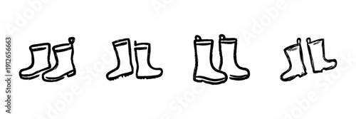 Rubber Boots Line Icon Set In Doodle Style. Outdoor Footwear, Rain Protection, And Gardening Gear Outline Sketch Collection. Hand Drawn Isolated Vector Illustration