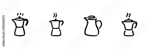 Coffee Makers And Carafe Line Icon Set In Doodle Style. Brewing, Serving, And Coffee Preparation Outline Sketch Collection. Hand Drawn Isolated Vector Illustration