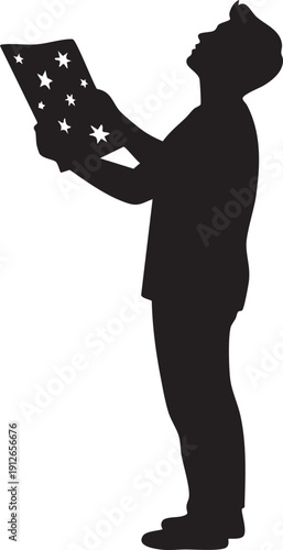 Person holding a star map and looking up silhouette isolated on white background minimalist stargazing and astronomy illustration