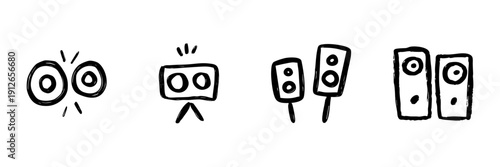 Speaker And Audio Equipment Line Icon Set In Doodle Style. Sound System, Music Playback, And Audio Technology Outline Sketch Collection. Hand Drawn Isolated Vector Illustration