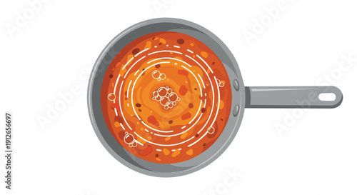 Vibrant orange simmering sauce in a modern frying pan, captured from an overhead perspective, showcasing delectable culinary preparation with rich