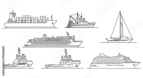 Set of maritime vessel line icons including cargo ship and cruise liner