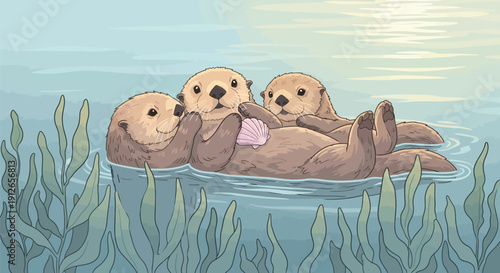 Three sea otters floating in calm water with kelp and seashell