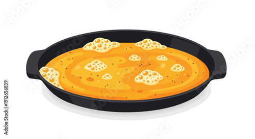 An appetizing golden culinary creation bubbling gently in a rustic oval cast iron skillet, a delightful hot meal concept ready for enjoyment. This