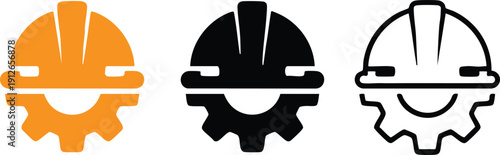 Hard Hat and Gear Hybrid Icons in Three Graphic Styles, Minimalist Vector Set: Construction Safety and Mechanical Engineering, vector, illustration, silhouette