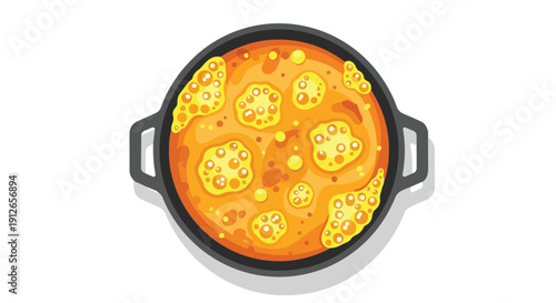 A vibrant illustration of delicious food in a cooking pot, seen from above, featuring warm colors and appetizing bubbles, perfect for culinary