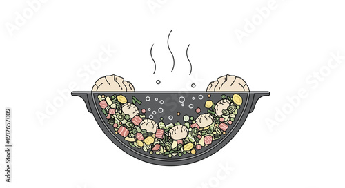 Vibrant culinary illustration showcasing hot asian comfort food being freshly prepared with steam