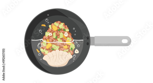 A delectable homemade Asian-inspired meal prepared in a sleek black frying pan, showcasing fresh dumplings, savory ground meat, and vibrant