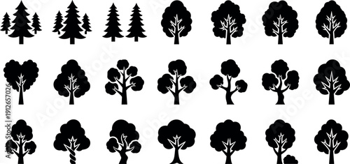 Tree silhouettes collection featuring pine and deciduous forest trees, nature icons and botanical shapes isolated on white background for landscape and environmental design