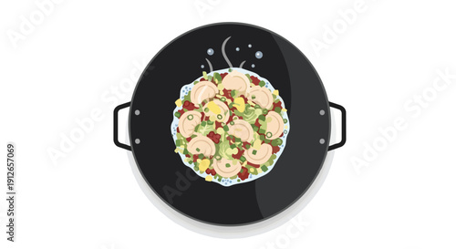 A vivid overhead illustration shows a hot wok brimming with delicious, steaming dumplings and an array of colorful fresh vegetables, signifying a
