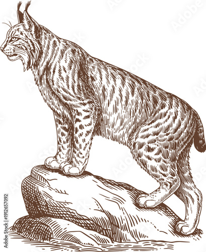 Eurasian lynx standing on rock in vintage engraving style with tufted ears and spotted fur