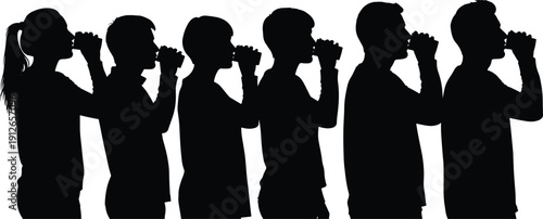 Black silhouettes of people in a row drinking from cups and glasses isolated on white background for social refreshment design