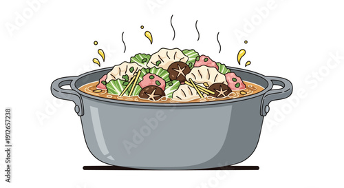 A delightful steaming hot pot brimming with savory dumplings, fresh mushrooms, and crisp greens, simmering in a rich, aromatic broth for a