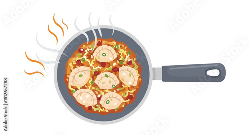 Sizzling Gyoza and Fried Rice Dish Cooking in a Hot Pan with Visible Steam