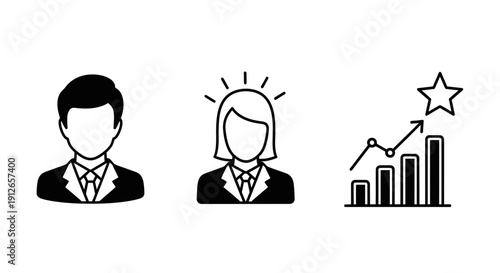 Business success icons: man, woman, and growth chart with star