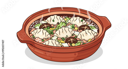 Steaming Asian clay pot with savory dumplings, rich shiitake, and crisp green vegetables. A comforting, flavorful, hearty meal graphic for all to