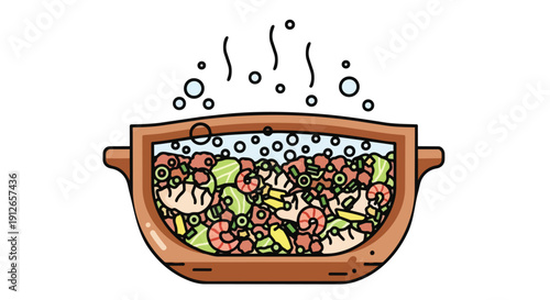 Vibrant cartoon stew pot with steaming shrimp, vegetables, and savory broth, ready for a delightful culinary experience illustrated cleanly