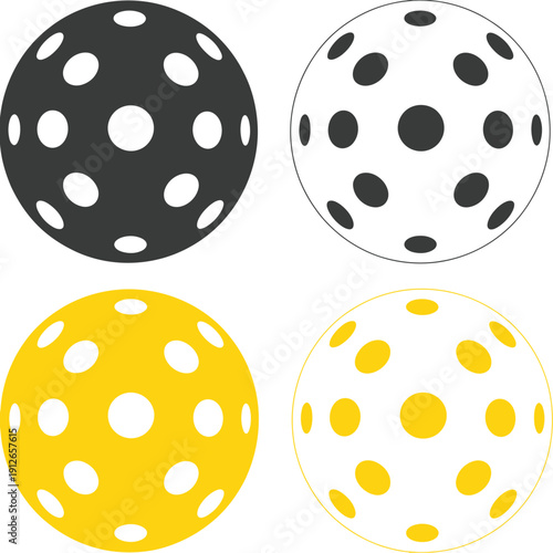 Ball pickleball black set icon, ball pickleball black sign, pickleball wiffle ball symbol, flat style for ranked sports graphics, athletic app interfaces, tournament posters, fitness dashboards,