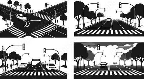 Urban traffic intersection scenes silhouette city road crosswalk cars pedestrians concept isolated black vector illustration, flavector