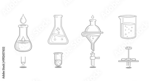Chemical Laboratory Equipment Icons: Beaker, Flask, Funnel, Test Tube, Dropper