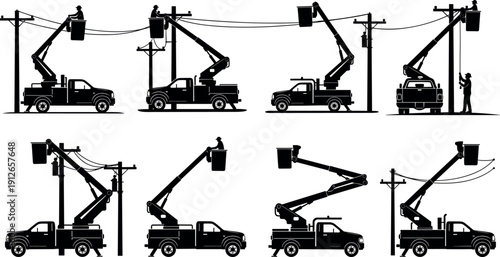 Utility worker silhouette set featuring bucket truck operations, power line maintenance, electrical service vehicles, isolated black figures for industrial infrastructure design