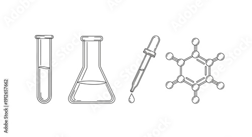 Chemistry Lab Equipment and Molecular Structure: Beaker, Test Tube, Dropper, Benzene Ring