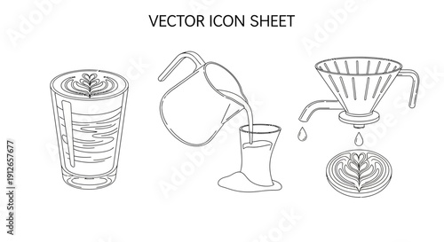 Coffee Brewing Icons: Latte Art, Pour Over, and Milk Pitcher - Vector Line Art