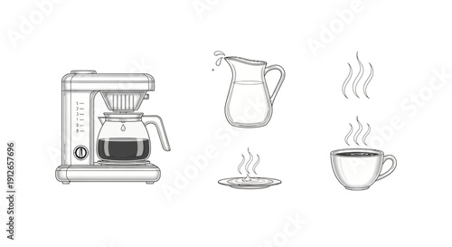 Coffee Making Process: Machine, Pouring Milk, Steaming Cup - Line Art Icons