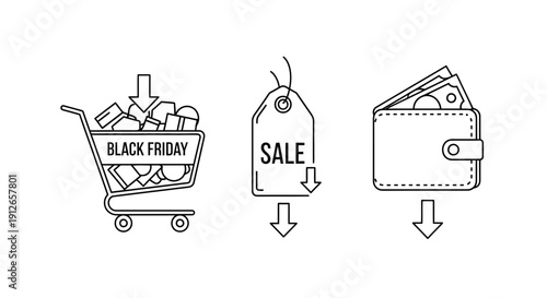Black Friday Sale Shopping Cart, Tag, and Wallet with Falling Prices and Money