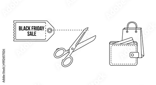 Black Friday Sale Tag Cut by Scissors, Wallet, Credit Cards, Shopping Bag - Black Friday Concept
