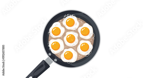 Seven perfectly cooked sunny-side-up eggs sizzling in a hot pan, a delicious breakfast preparation.
