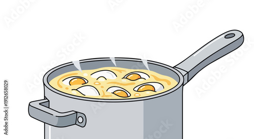 Vibrant cartoon illustration of multiple eggs gently simmering in a grey pot on a pristine white background depicting a classic breakfast cooking