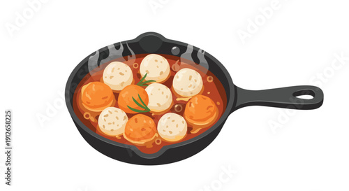 A delightful illustration of freshly cooked steaming meatballs and savory dumplings simmering in a rich tomato sauce within a classic cast iron pan