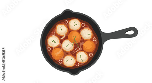 A top-down stylized depiction of a warm, inviting dish featuring spherical elements in a rich sauce, presented in a rustic skillet, perfect for
