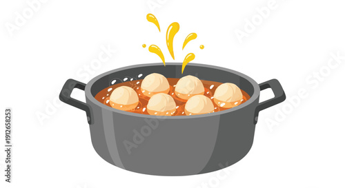 Illustration of a cooking pot with delicious savory dumplings simmering in a rich sauce