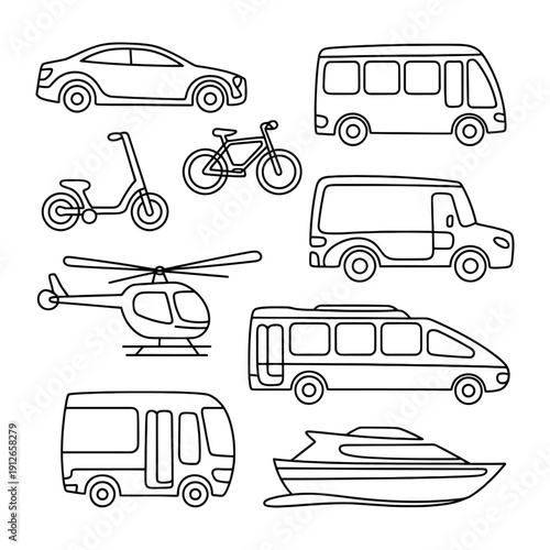 Vehicular Variety: A collection of various vehicle illustrations, each representing a mode of transport, inviting exploration of mobility.