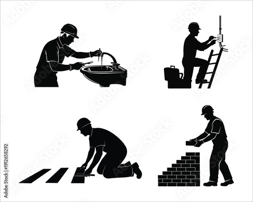 Construction worker silhouettes engaged in various tasks