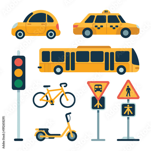 Urban Mobility: An illustration showcasing an array of vehicles and traffic signs that define urban mobility.