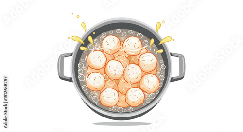 Top-down vector shows spherical food items simmering in a pot. Bubbles and golden splashes highlight active cooking. It portrays delicious culinary